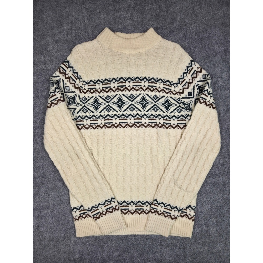 Vintage Lord Jeff Sweater Mens Large Cream Fair Isle Cable Knit Mock Neck USA